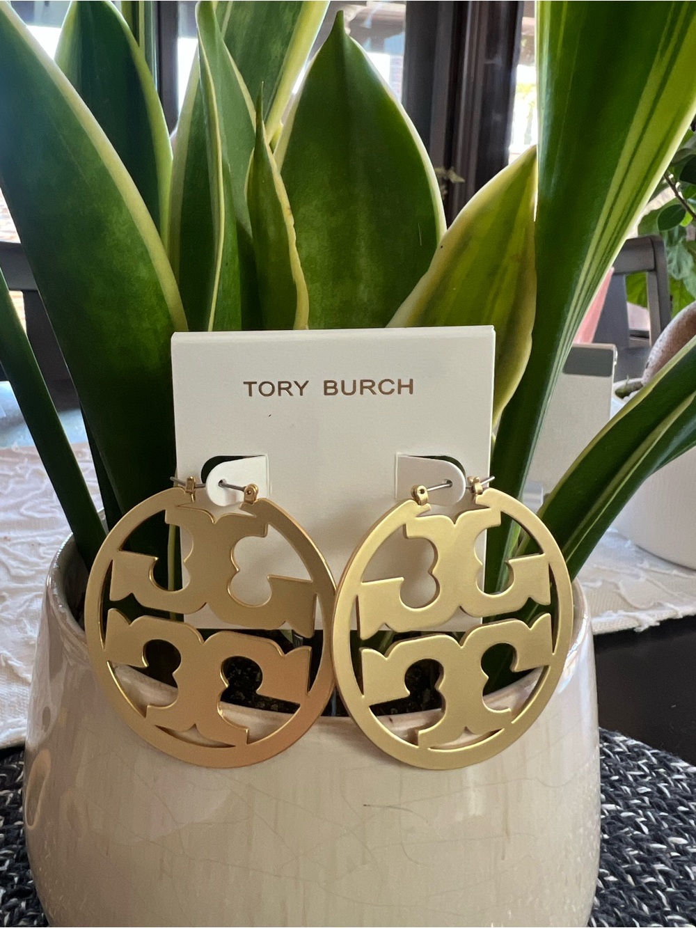 Tory Burch Large Gold Logo Cutout Hoop Earrings